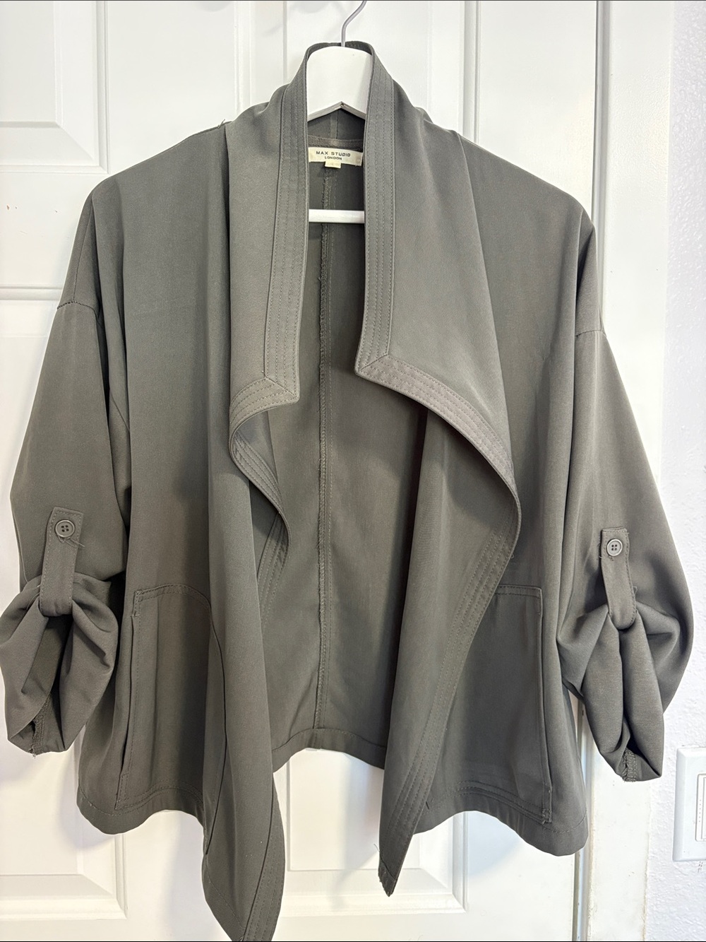 Max Studio Olive Draped Open-Front Trench Jacket